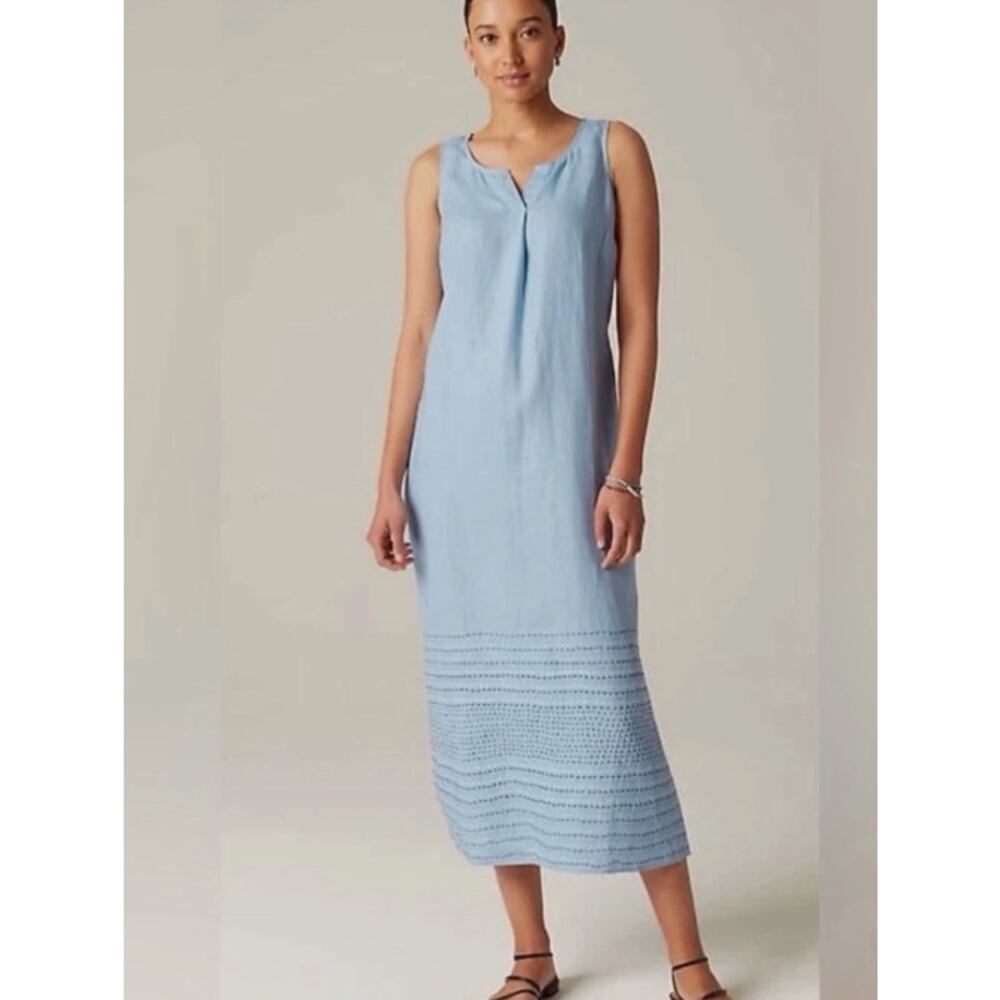 Pure Jill Kantha Quilt Stitched Sleeveless 100% Linen Maxi Dress Blue Medium